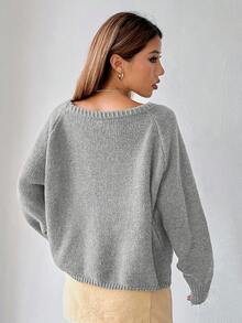 SHEIN EZwear 秋冬休闲宽松纯色长袖女毛衣 - 灰色 - 查看 2
