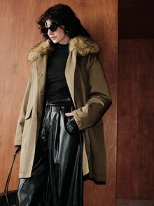 Uhlyne Uhlyne Commuting Casual Loose Comfortable Versatile Detachable Fur Collar Mid-Length Padded Coat For Women - Olive Green - View 4