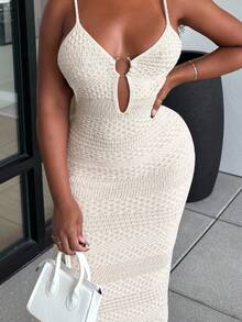 Alexandranx Summer Beige Round Metal Buckle Elegant Modern Women Knitted Dress, Suitable For Holiday, Festival, Business Casual, Beach Wedding, Valentine's Day Party, Vintage, 90s, Boho Style - Apricot - View 3