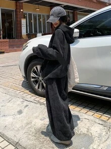 DAZY 2件套女士连帽休闲韩版卫衣和宽松运动裤套装，女士家居服套装 - 灰色 - 查看 3