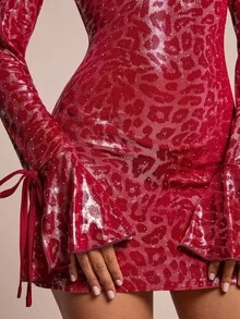 Glamine Women's Elegant Pink Leopard Print Autumn 70's Backless Long-Sleeved Slim-Fit Dress,Party Disco Club Night New Year's Eve Fashionable Red Dresses - Red - View 4