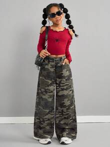 少女Y2K街头风迷彩口袋松紧腰阔腿宽松牛仔裤，万圣节服装，秋季，圣诞节裤装，秋季，迷彩树枝印花宽松牛仔裤，军绿色牛仔裤，高腰长款阔腿牛仔裤，通体豹纹印花，迷彩印花阔腿牛仔裤，适合街头风冬季穿着，迷彩工装裤，阔腿裤，迷彩裤，阔腿迷彩裤 - 軍綠色 - 查看 4