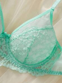 SHEIN Solid Color Lace Patchwork Sheer Supportive Daily Wear Women's Lingerie Set - Green - View 4
