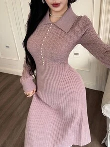Feyla 女式纯色修身长袖休闲针织毛衣裙，百搭优雅的秋冬女装 - 粉色 - 查看 5