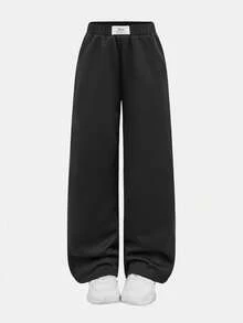 SHEIN 少女宽松针织阔腿运动裤，舒适休闲日常穿着宽松灰色运动裤，弹性腰带加厚宽松阔腿运动裤，带保暖内衬，慢跑裤，家居服黑色运动裤，保暖内衬裤 - 黑色 - 查看 7