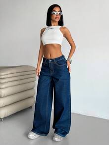 SHEIN Cottnline WOMEN LOW WAIST WIDELEG CASUAL STREET DARK BLUE WITH BACK LABEL WATER WASH - Medium Wash - View 6