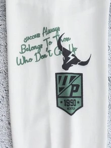 2 件/套大童白色休闲舒适长袖圆领卫衣，嘻哈街头风格，时尚印花设计，搭配绿色工装裤，适合外出、音乐节、上学、通勤、日常休闲穿着 - 彩色 - 查看 4