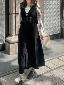FRIFUL Women's Solid Color Ruffle Trim Deep V-Neck Dress, Autumn Dress - Black - View 1