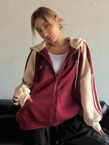 Dazy Star Letter Graphic Raglan Sleeve Zip Up Drawstring Hoodie,Long Sleeve Tops,Fall Clothes Sweatshirt Jacket - Burgundy - View 8