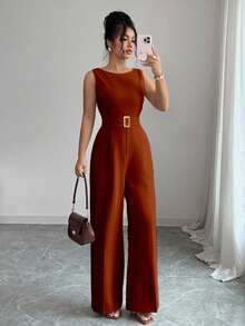 Selianne Solid Belted Wide Leg Jumpsuit - Burnt Orange - View 6