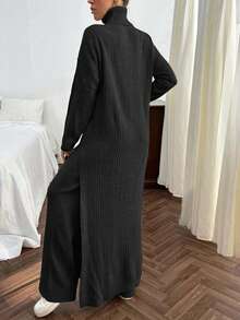 EURMUSE Conjunto de vestido de suéter largo con detalle de abertura y pantalones de suéter de punto acanalado de unicolor para mujer - Negro - Ver 7