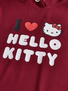 HELLO KITTY AND FRIENDS | SHEIN Women Casual Cartoon & Slogan Print Oversized Drop Shoulder Ruffle Hem Drawstring Hooded Long Dress, Spring/Autumn - Burgundy - View 6