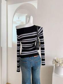 SHEIN Casual Striped Oversized Slouchy Pullover Sweater For Teen Girl Versatile For Students Fall Winter - Black - View 2