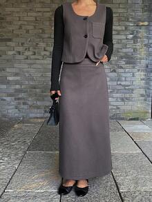 DAZY 2 piezas Conjunto casual y elegante de mujer con top ajustado de unicolor y falda recta con abertura en el bajo para otoño/invierno - Gris - Ver 3