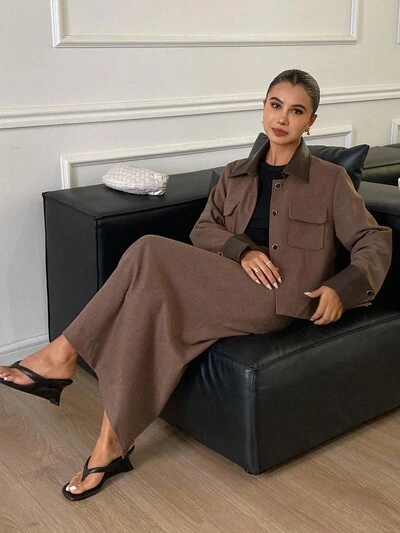 Conjunto de 2 piezas de chaqueta y falda de moda casual de calle con parches de PU y bolsillo con solapa, otoño