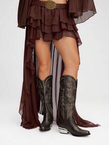 Styleloop Western Cowgirl Embroidered Mid-Calf Boots, Suitable For Summer Vacation, Boho, Music Festival, Party, Halloween, Core - Coffee Brown - View 3