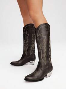Styleloop Western Cowgirl Embroidered Mid-Calf Boots, Suitable For Summer Vacation, Boho, Music Festival, Party, Halloween, Core - Coffee Brown - View 4