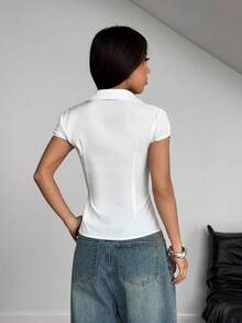 Flirla Petite Áo sơ mi xếp ly tay ngắn màu trơn cho nữ, tối giản và thời trang, phù hợp cho mùa hè - trắng - Xem 2