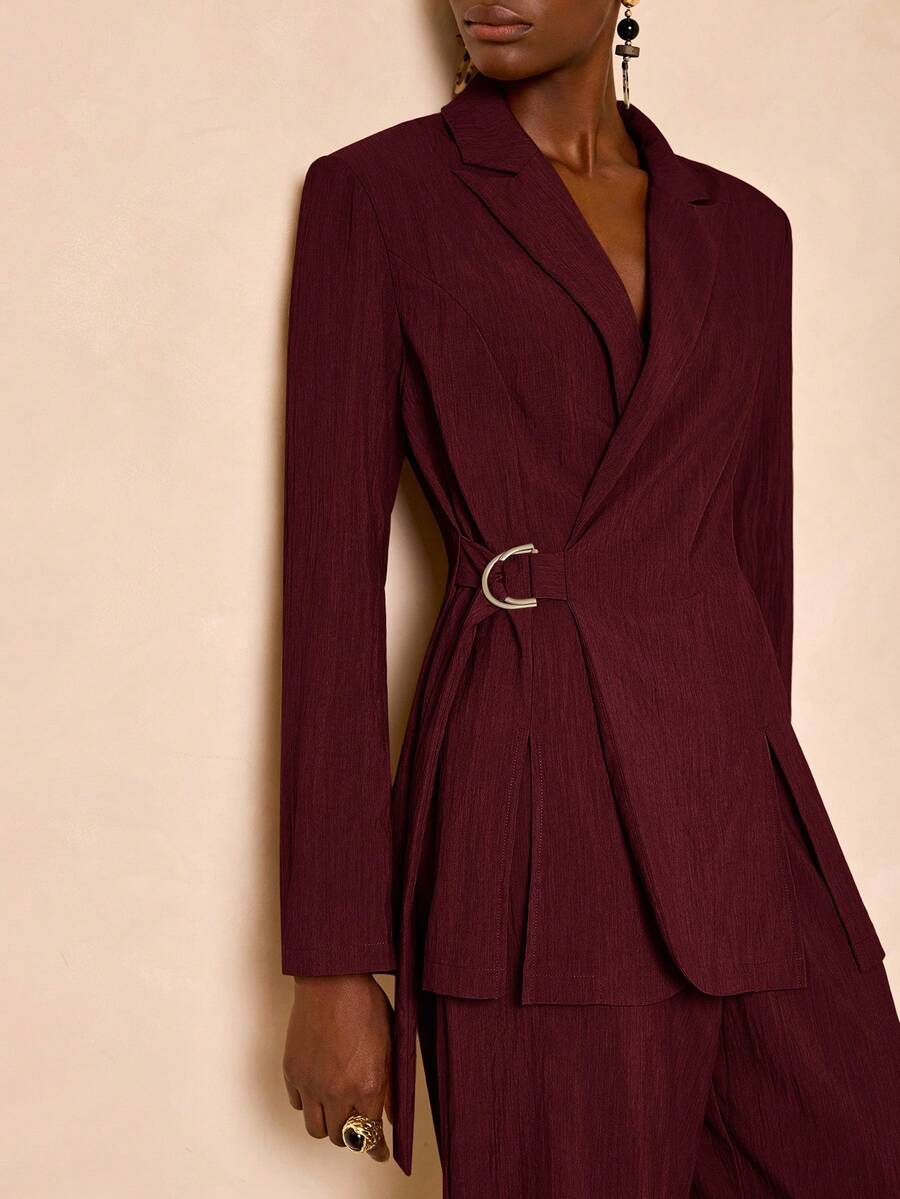 Zivah 2025新款秋冬休闲优雅通勤日常约会上班族翻领长袖腰部可调节腰带装饰宽松卡其色正装西装外套+西裤阔腿裤长裤卡其色女套装套装-A - 酒紅色 - 查看 1