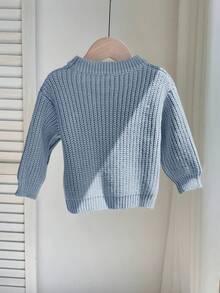 SHEIN 柔软、舒适、百搭的休闲圆领长袖运动衫，带有可爱的字母图案，适合男婴、女婴、幼儿、室内、户外、日常穿着、运动、玩耍、派对、拍照、度假、春季、夏季、秋季、冬季 - 霧霾藍 - 查看 3