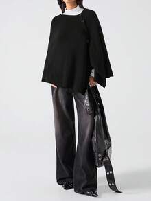 LYSMO Suéter de punto de unicolor casual de moda para mujer - Negro - Ver 3