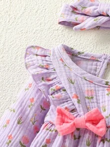 SHEIN 新生儿碎花拼接荷叶边蝴蝶结装饰长袖连体衣，秋冬款 - 淡紫色 - 查看 5