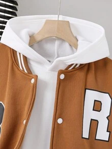 SHEIN Explorewe 青少年男孩时尚休闲撞色拼布字母印花夹克 - 咖啡棕 - 查看 6