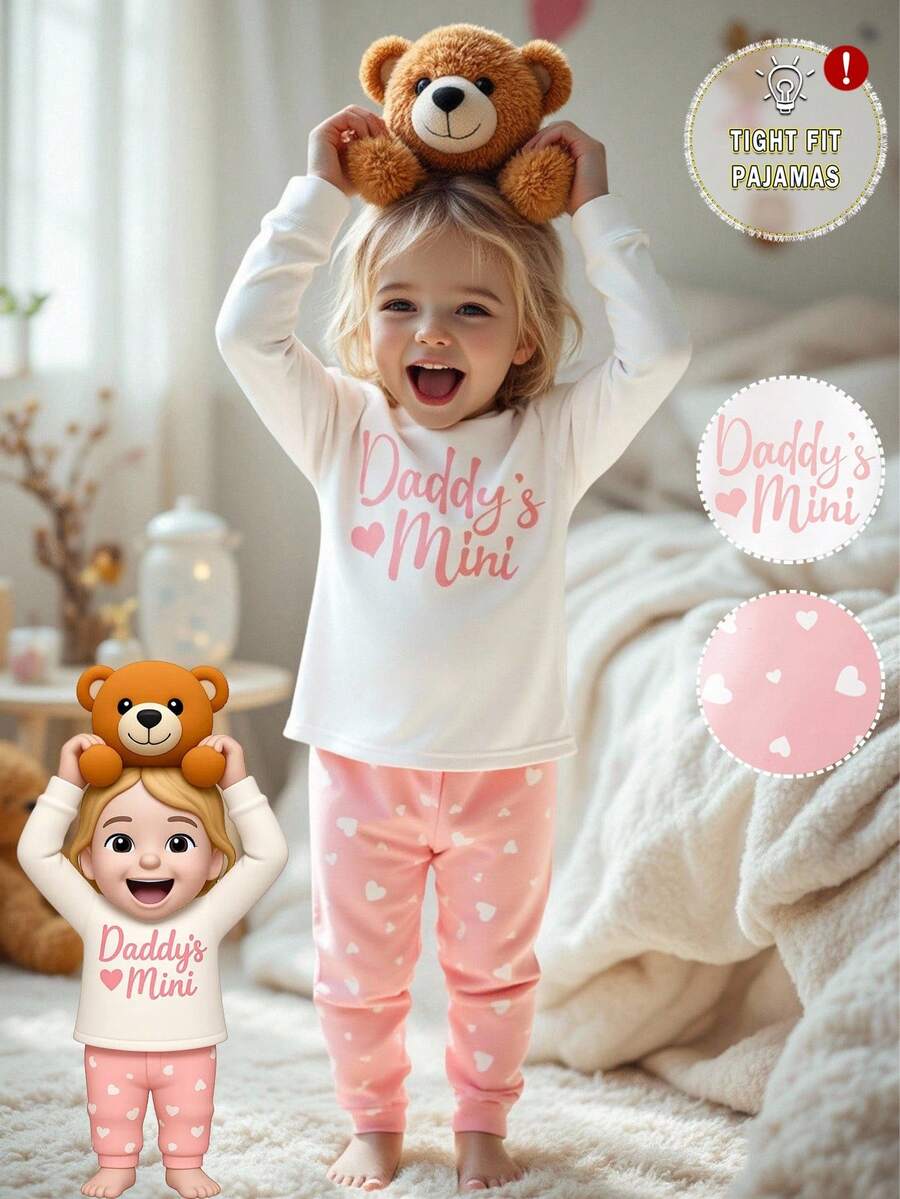 1set Baby Girls' Snug Fit Pajamas, English Heart Print, Long Sleeve Top And Pants, Spring/Autumn Fall Winter - White - View 1