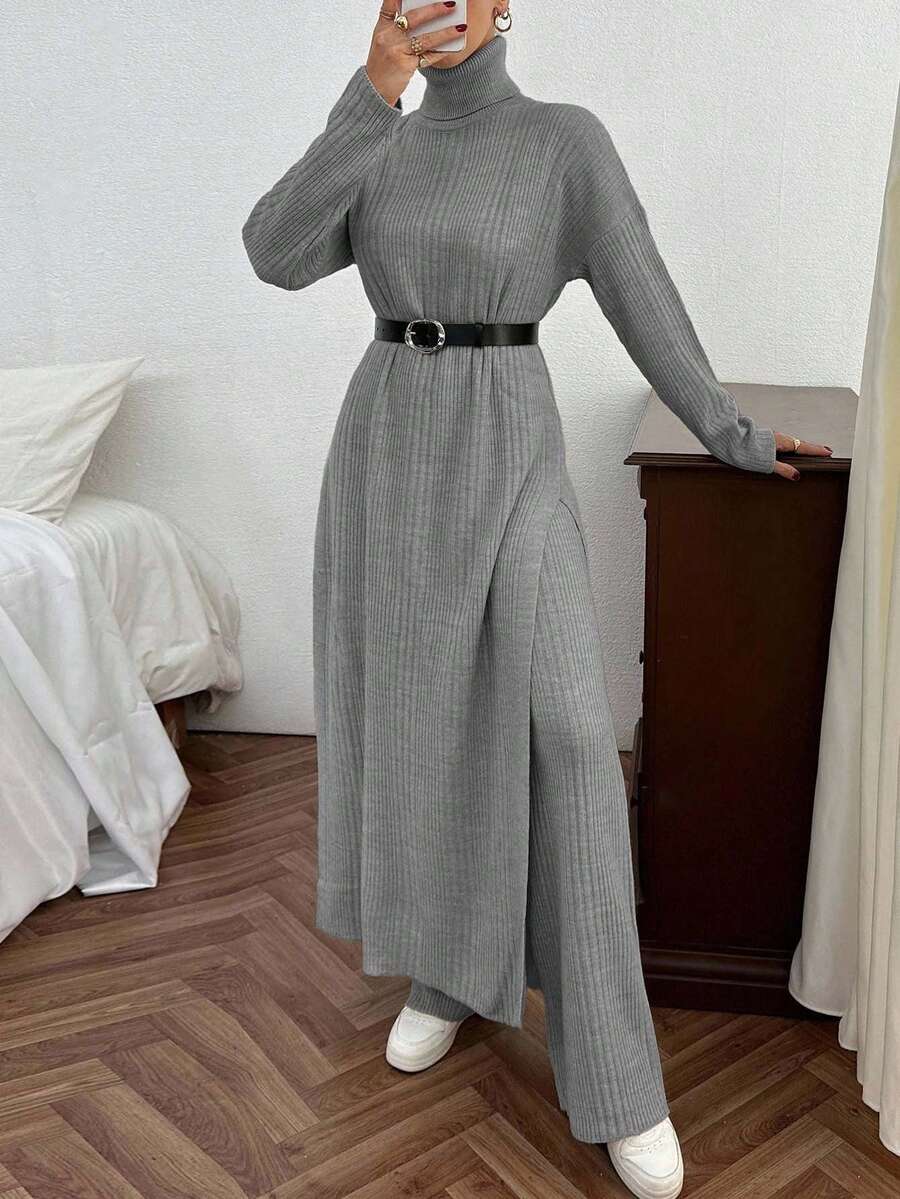EURMUSE Conjunto de vestido de suéter largo con detalle de abertura y pantalones de suéter de punto acanalado de unicolor para mujer - Gris Claro - Ver 1