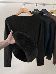 SHEIN Clasi Kurvenreiches Pullover-Sweatshirt in Große Größen mit einfarbigem Rundhalsausschnitt und Thermofutter, warme Kaschmirinnenfütterung, warm und bequem, hochwertig Pullover 2025 Neu, bequem und warm gegen Kälte, Herbst Damen, Winter für Damen, Vintage, Herbst, Winter für Damen, Herbst Große Größen, Büro für Damen, Herbst für Damen, Elegant für Damen, Damen Herbst, Büro, Halloween, Halloween Kostüme, Halloween, Halloween Damen, Herbst Oberteile, Old Money Stil Damen, Damen Winter, Weihnachten geeignet für vielfältige Anlässe Herbst - Schwarz - Übersicht 3