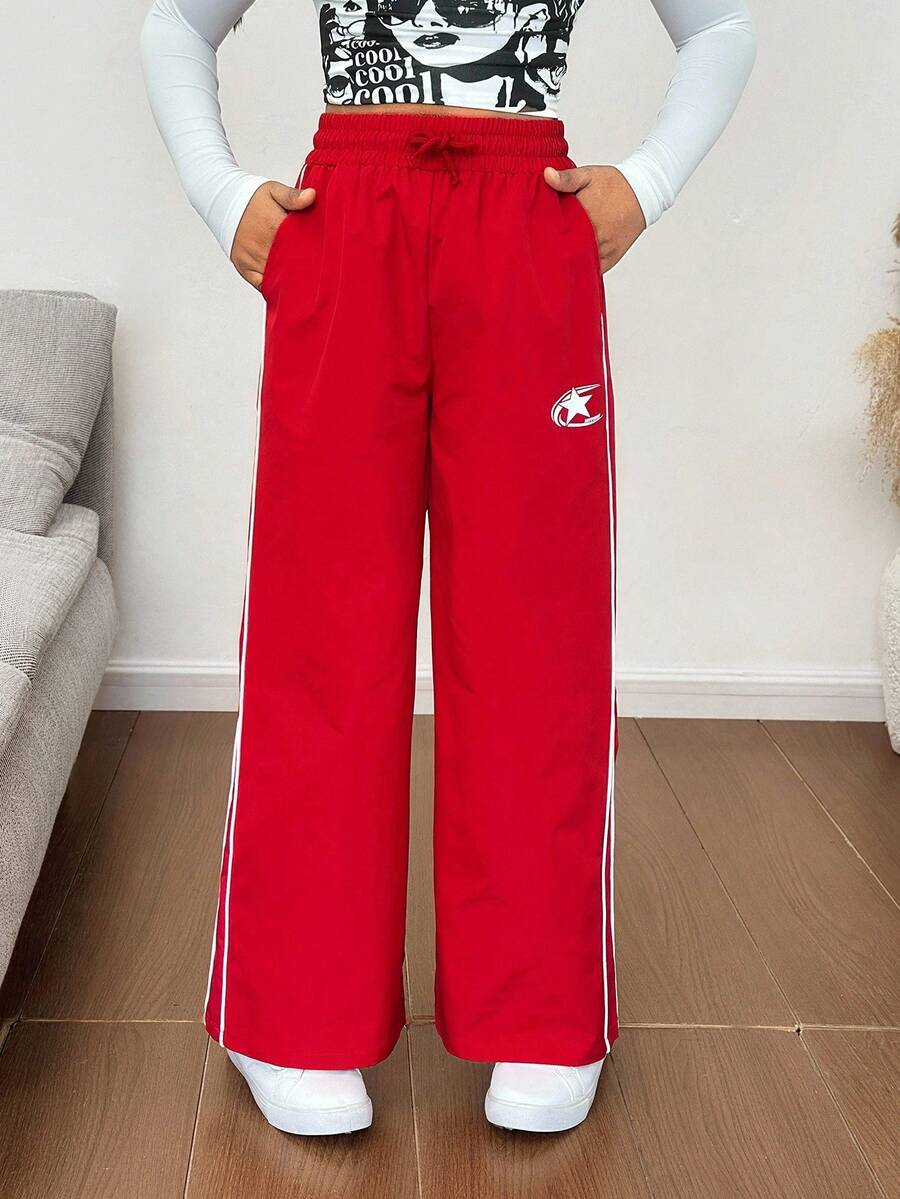 SHEIN Tween Girls' Casual Fashionable Street Style Side White Contrast Stitching Front Center Print Black Sports Pants Fall Winter - Red - View 1