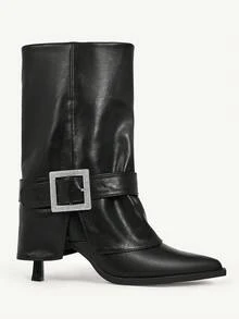 CUCCOO CHICEST 女士秋冬新品水晶扣尖头细高跟鞋优雅奢华通勤时尚前卫哥特式黑色仿皮中筒靴，适合下午茶、约会、时尚派对、职场、优雅装扮、酒吧、夜总会、街头风格、万圣节、圣诞节、感恩节、百搭基本款 - 黑色 - 查看 8