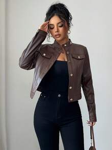 Elenzga Áo khoác nữ tay dài, ngắn, phong cách Pháp lãng mạn, Sicily, mùa thu/đông, chất liệu da PU trơn màu, hở phía trước, nút kim loại, cổ áo trang trí, túi - màu nâu - Xem 7