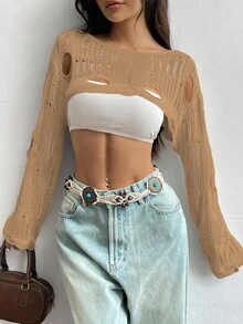 Flirla 休闲纯色镂空短袖女毛衣 - 卡其色 - 查看 3