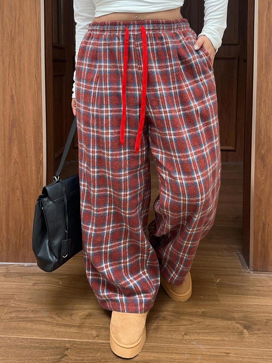 Dazy Plus Plus Size Women's Elastic Waist Drawstring Loose Straight Plaid Long Pants, Suitable For Christmas, New Year And All Seasons Fall - Red - View 1
