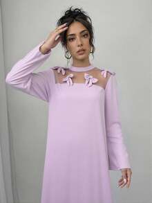 Yasmyna Women's Solid Color 3D Floral Decor Flare Sleeve Elegant Arabic Style Dress - Mauve Purple - View 7