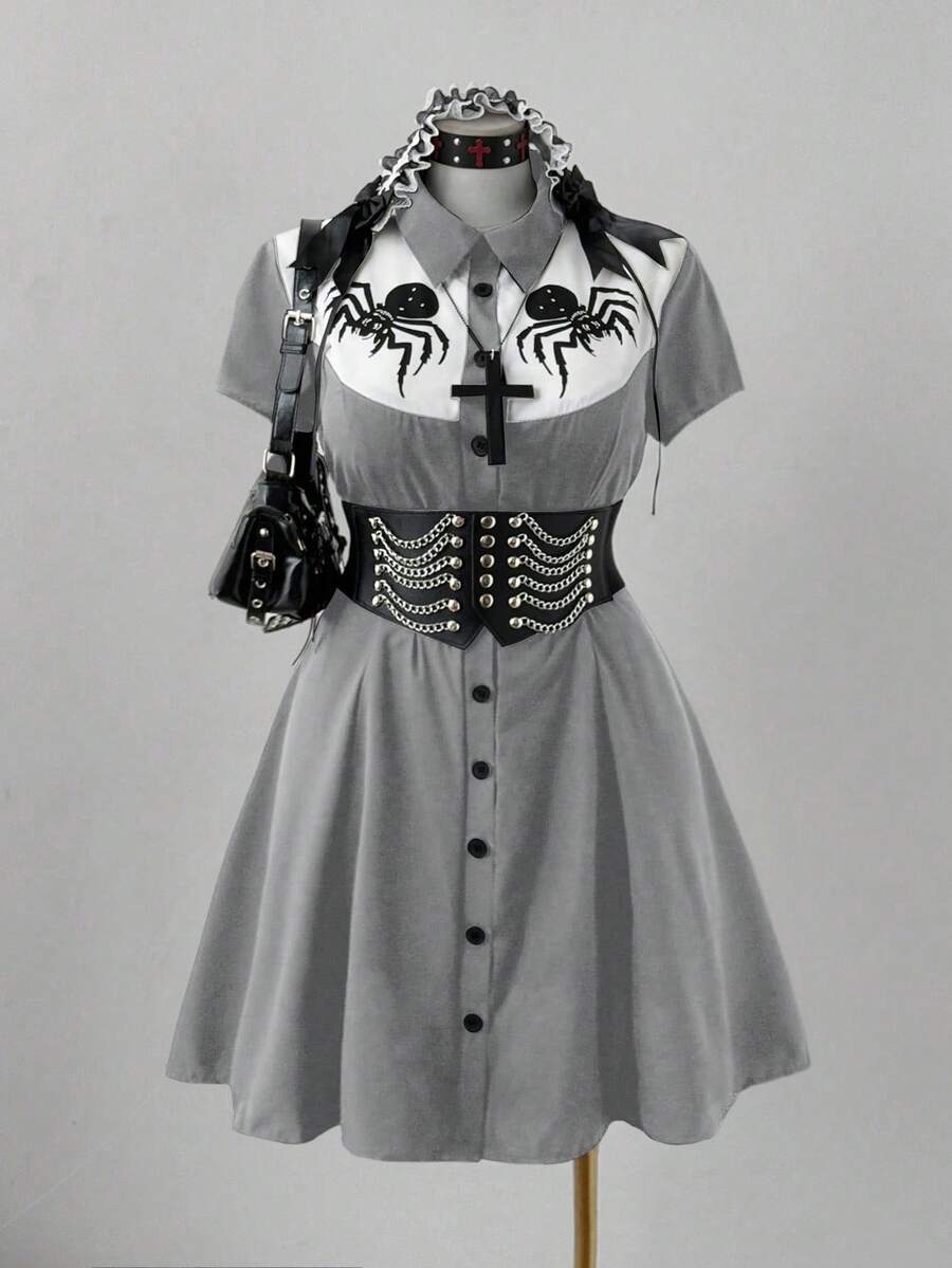 Sunspun Punk Chic Fashion Collared Casual Versatile Contrast Color Spider Print Waist Fit A-Line Dress - Grey - View 1
