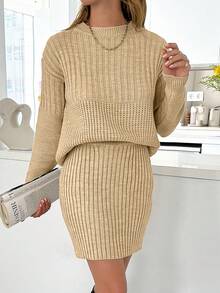 EURMUSE Casual Rib Knit Sweater & Mini Rib Knit Sweater Skirt Co-Ords - Mocha Brown - View 3
