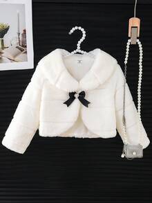 Elladie kids Young Girl White Fluffy Short Coat With Turnover Collar & Bowknot, Elegant, Cute For Daily Wear, Commuting Fall Winter Elegant Fleece Coat - White - View 6