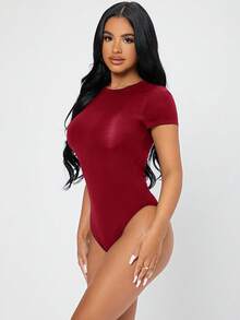 SHEIN PETITE Solid Slim Fit Bodysuit - Burgundy - View 4