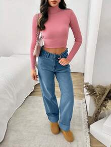 高腰直筒卷边牛仔裤 - 藍色 - 查看 6