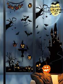 BRUP 黑色恐怖城堡蝙蝠鬼南瓜稻草人乌鸦万圣节窗户贴纸可移除卧室客厅走廊礼物冰箱装饰墙贴家居装饰万圣节装饰秋季装饰房间装饰万圣节装饰万圣节装饰 - 彩色 - 查看 2