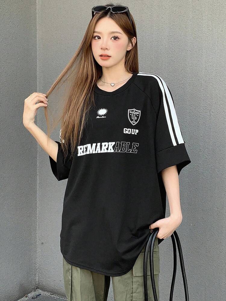 Round Neck Striped Side Slit T-Shirt Oversized T-Shirt,Graphic Tees