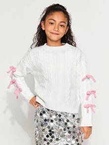 Radiana Tween Girl Knitted Textured Colorblock Bow Crew Neck Casual Pullover Sweater, Comfortable & Cute, Suitable For Everyday Wear - White - View 2