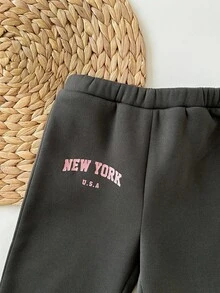 SHEIN 2 件套 Babygirl 宽松休闲字母印花长袖圆领运动衫和运动裤，适合户外和室内穿着 - 灰色 - 查看 5