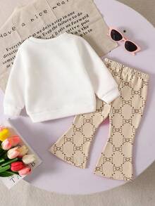 SHEIN Playful Pals 2 件套女婴休闲花卉蝴蝶结装饰可爱甜美圆领长袖运动衫和喇叭裤套装，适合万圣节、感恩节、秋冬季 - 彩色 - 查看 2