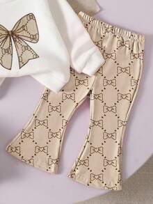 SHEIN Playful Pals 2 件套女婴休闲花卉蝴蝶结装饰可爱甜美圆领长袖运动衫和喇叭裤套装，适合万圣节、感恩节、秋冬季 - 彩色 - 查看 3