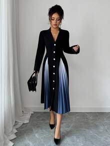 Selianne Đầm nữ tay dài cổ chữ V, dáng rộng, thoải mái khi đi làm, đi chơi, cài nút, viền ombre, thời trang thu đông - màu đen - Xem 5