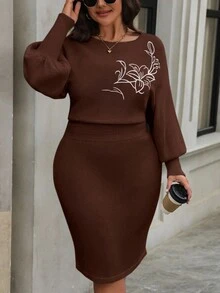 SHEIN Elenzya Váy len dệt kim cổ tròn tay đèn lồng cổ điển cỡ lớn - Cà phê nâu - Xem 3