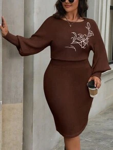 SHEIN Elenzya Váy len dệt kim cổ tròn tay đèn lồng cổ điển cỡ lớn - Cà phê nâu - Xem 5